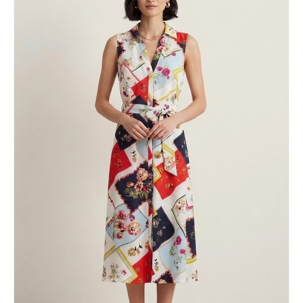 New York & Company Scarf Print Floral Sleeveless Midi Dress Red Navy White L